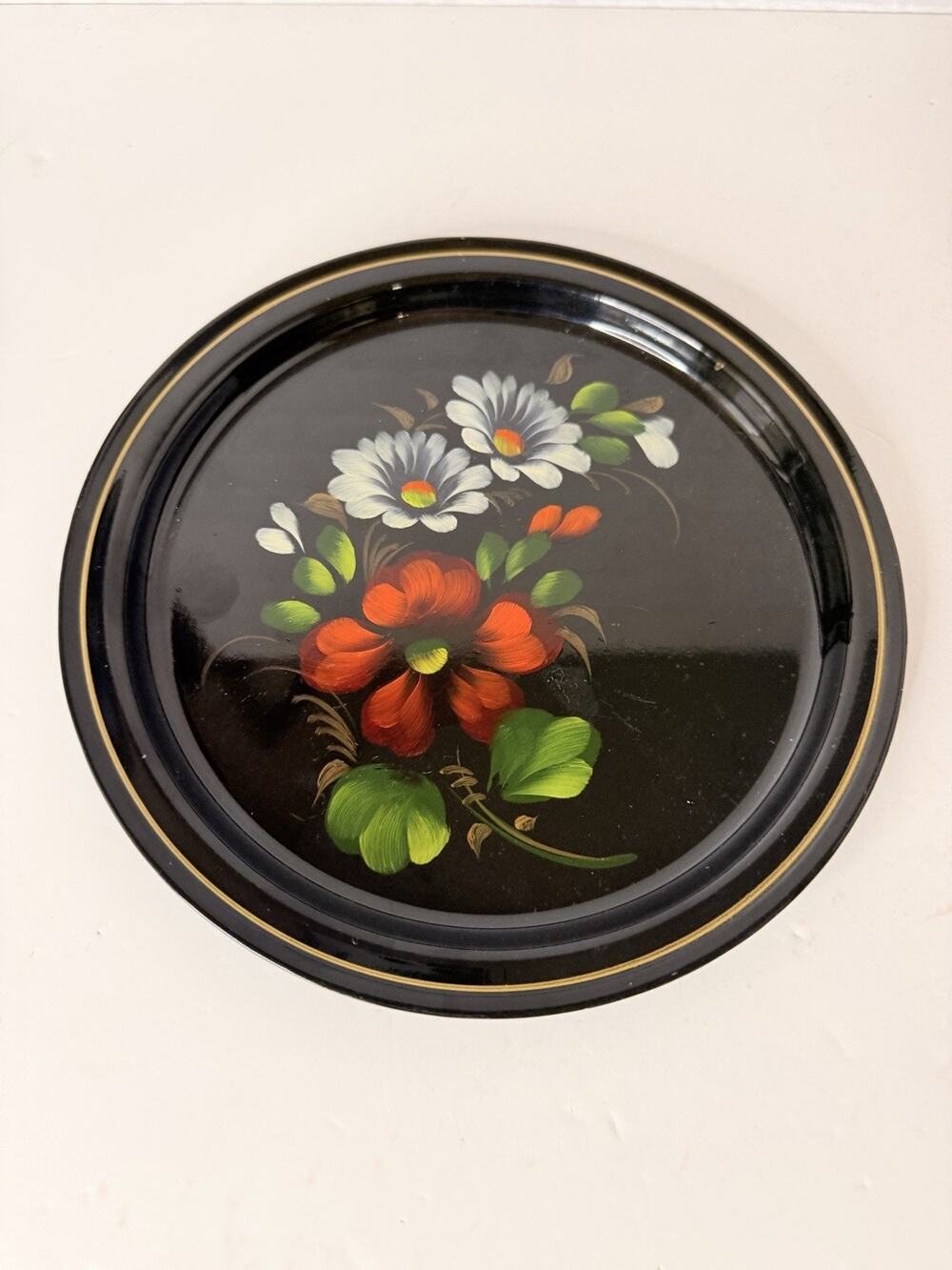 Russian Tole Black Metal Tray Plate Floral Hand Painted 7 Inches